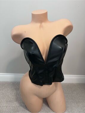 AKIRA Black Faux Leather Strapless Corset Bodysuit